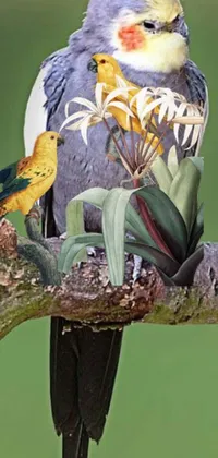 This live phone wallpaper features a colorful image of two birds perched on a tropical tree branch