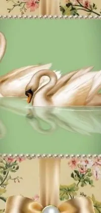 This nature-inspired live wallpaper features a digital rendering of two swans gracefully floating on green waters amidst lush greenery