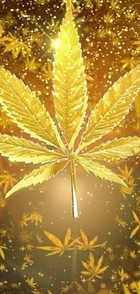 This golden phone live wallpaper showcases a detailed close-up of a marijuana leaf