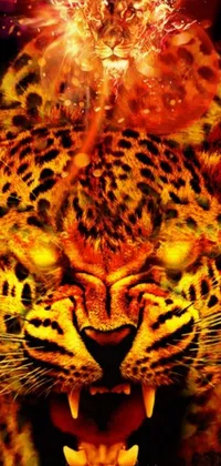 This live phone wallpaper features a realistic close-up of a leopard's face with vibrant red and orange flames emanating from its eyes and mouth
