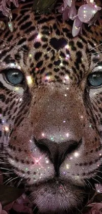This live phone wallpaper features a striking close-up of a leopard's face surrounded by flowers