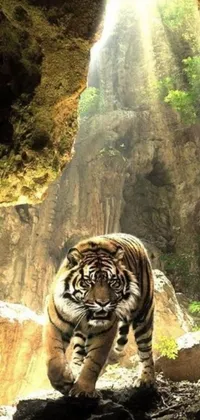 This live phone wallpaper showcases a magnificent tiger as it roams through a dim and mysterious cave setting