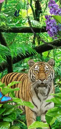 This vibrant live wallpaper features a majestic tiger traversing through a stunning lush forest, beautifully rendered in stunning digital detail