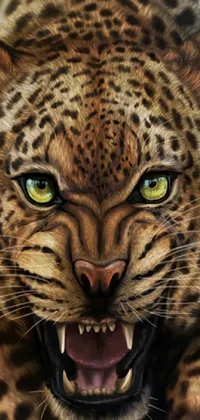 This phone live wallpaper showcases a striking painting of a leopard with piercing green eyes