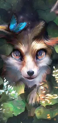 This live phone wallpaper features a digital painting of a furry dog with a butterfly on its head