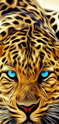 This phone live wallpaper showcases a stunning digital painting of a leopard with striking blue eyes