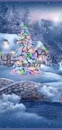 Bring the wonder of winter and Christmas to your phone with this stunning live wallpaper! Rendered digitally in 240p resolution, the image features a snowy village with a brightly lit Christmas tree, a fairyland bridge, and graceful electric cats flying over the ice
