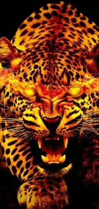 This phone live wallpaper features a close-up of a fierce leopard, rendered digitally to appear entirely made of flames
