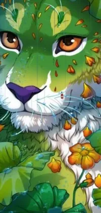 This phone live wallpaper features a stunning close-up of a majestic cat surrounded by flourishing leaves