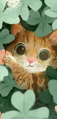This charming live wallpaper depicts a playful cat peeking out of some lush green leaves - a perfect, fun addition to your phone