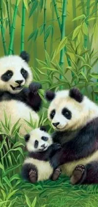 This live wallpaper features a charming picture of two playful panda bears sitting on a vibrant green field