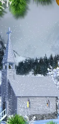 This phone live wallpaper depicts a beautiful, snowy landscape featuring a picturesque church surrounded by snow-covered mountains