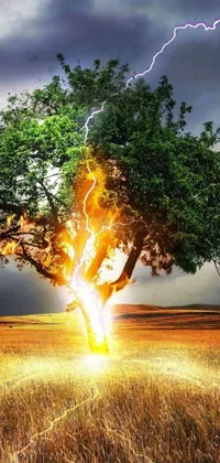 This live wallpaper showcases a digital artwork of a lightning bolt hitting a tree in a desert field