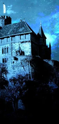 This mesmerizing live wallpaper showcases a stunning castle perched atop a hill, against the backdrop of a blue and black night sky