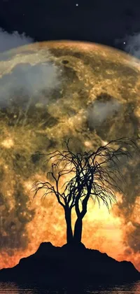 This mesmerizing phone live wallpaper shows a lone tree on an island against a surreal scorched earth landscape