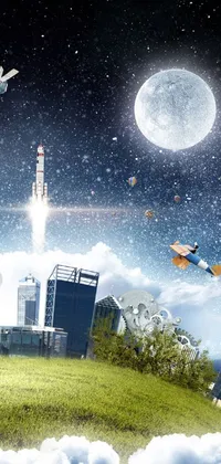 This phone live wallpaper features a group of airplanes flying over a green field, a matte painting of space art and a city street on the moon