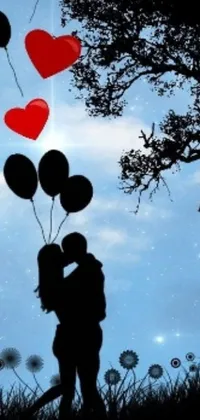 This phone live wallpaper displays a stunning digital art creation of a couple sharing a romantic kiss under a large tree