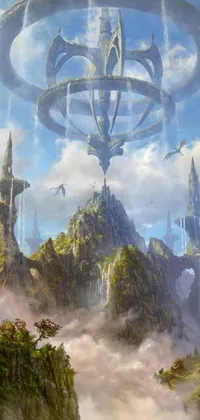 A mesmerizing live wallpaper for your phone, featuring a futuristic city in the sky with a fantasy art element and a magic portal leading to an ethereal kingdom of elves