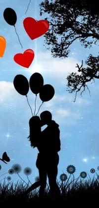 This phone live wallpaper depicts a beautifully romantic scene of a couple sharing a kiss underneath a tree with colorful balloons floating in the air