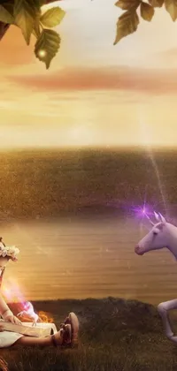 Discover the enchanting world of magical realism with this phone live wallpaper featuring a little girl sitting next to a unicorn