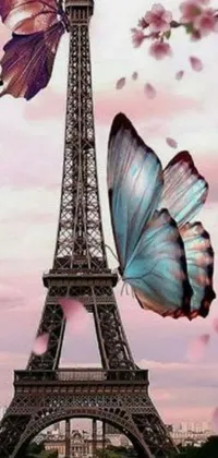 This live wallpaper for phones features two beautiful butterflies flying around the Eiffel Tower