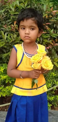 Decorate your phone with this lovely live wallpaper featuring a cheerful little girl holding a bunch of vibrant yellow roses