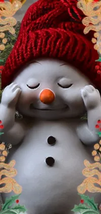 This phone live wallpaper showcases an adorable snowman wearing a red hat, inspired by classic art styles