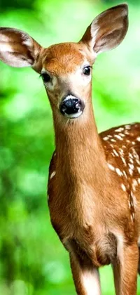 This phone live wallpaper showcases an adorable baby deer standing on a vibrant green forest