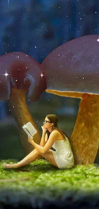 Looking for an otherworldly wallpaper that captures the magic of fantasy and the wonder of magical realism? Look no further than our stunning live wallpaper, which features a breathtaking 3D render of a woman reading a book under a mushroom