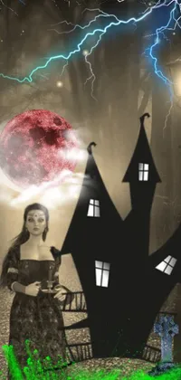 This phone live wallpaper features a captivating gothic art scene of a woman standing in front of a hauntingly beautiful house, with a full moon in the background