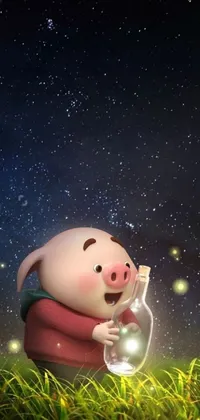 This live wallpaper features an adorable pig standing in lush grass on a starry night