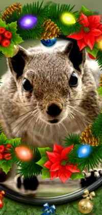 Get in the holiday spirit with this charming phone live wallpaper! Featuring a close-up photo of a squirrel perched on a Christmas wreath, this app boasts a resolution of 720p for stunning detail