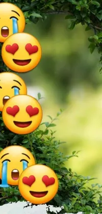 This phone live wallpaper features a fun graphic of various emoticons sitting on a green tree with twisting branches and leaves blowing in the wind