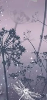 This live phone wallpaper features stunning digital art of dragonflies on a lush green field beneath a moonlit purple sky