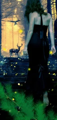 This live phone wallpaper showcases a mystical forest setting with a captivating young woman gracefully descending a staircase