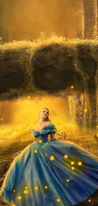This digital live wallpaper features a stunning woman in a blue dress lying on the ground in a fairyland