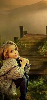 This live wallpaper for phone depicts a young girl sitting on a wooden bridge in the midst of a scenic and colorful environment