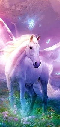 Introducing an enchanting live wallpaper for your mobile device! Feast your eyes upon a majestic white horse standing tall amidst a lush green field