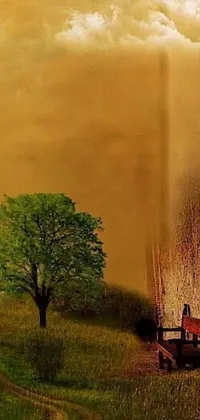 This stunning live wallpaper features a beautiful painting of two people on a tractor in a field
