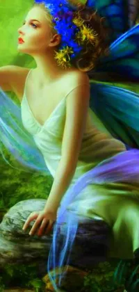 Looking for a stunning live wallpaper to upgrade your phone's screen? Check out our beautifully crafted Green and Blue Fairy wallpaper, which depicts a gorgeous painting of a fairy perched on a log