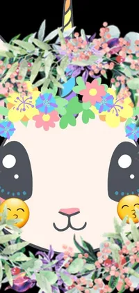 This phone live wallpaper depicts a cute cat donning a floral crown on its head, the digital artwork drawn inspired by naive art and the Japanese novelist Haruki Murakami