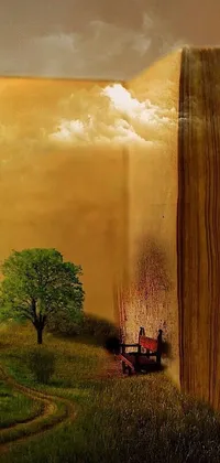 This live wallpaper showcases an open book sitting on a lush green field, set against a surrealistic oil painting reminiscent of fantasy and surrealism