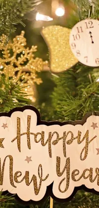 This phone live wallpaper features a close up of a sparkling Christmas tree adorned with paper decorations and baubles