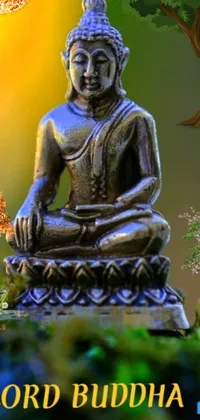 This phone live wallpaper showcases a serene and peaceful Buddha statue sitting amid a lush green field