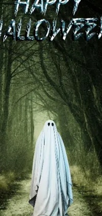 Transform your phone into a haunting, mystical forest with this live wallpaper featuring a ghostly figure surrounded by gnarled trees and an eerie glow