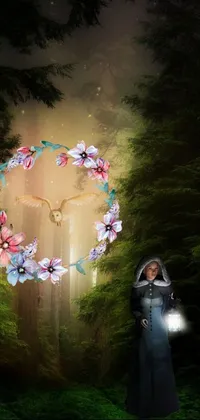 This phone live wallpaper showcases a magical forest where a female NPC holds a lantern