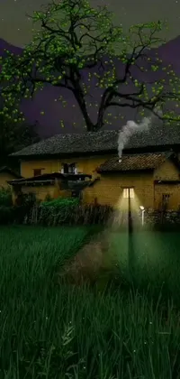 This phone live wallpaper showcases a serene night scene of a house in the middle of a moonlit field