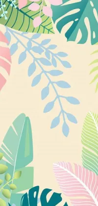 Transform your phone screen into a tropical paradise with this stunning live wallpaper! Made up of a repeating pattern of vibrant and realistic tropical leaves in shades of pink, blue, yellow, and green, this wallpaper is the embodiment of figuration libre, perfect for nature enthusiasts