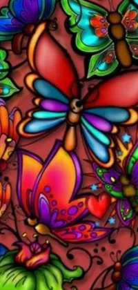 Looking for a lively and colorful phone wallpaper? This live wallpaper features a bunch of vibrant butterflies fluttering around a red background
