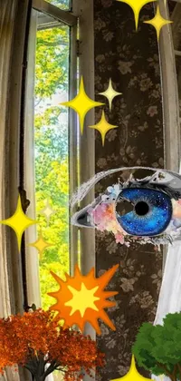 This live phone wallpaper features an eye gazing out of a window against a galaxy background